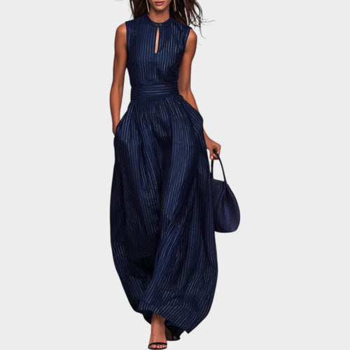 Women's Striped Maxi Dress Sleeveless Fitted Waist