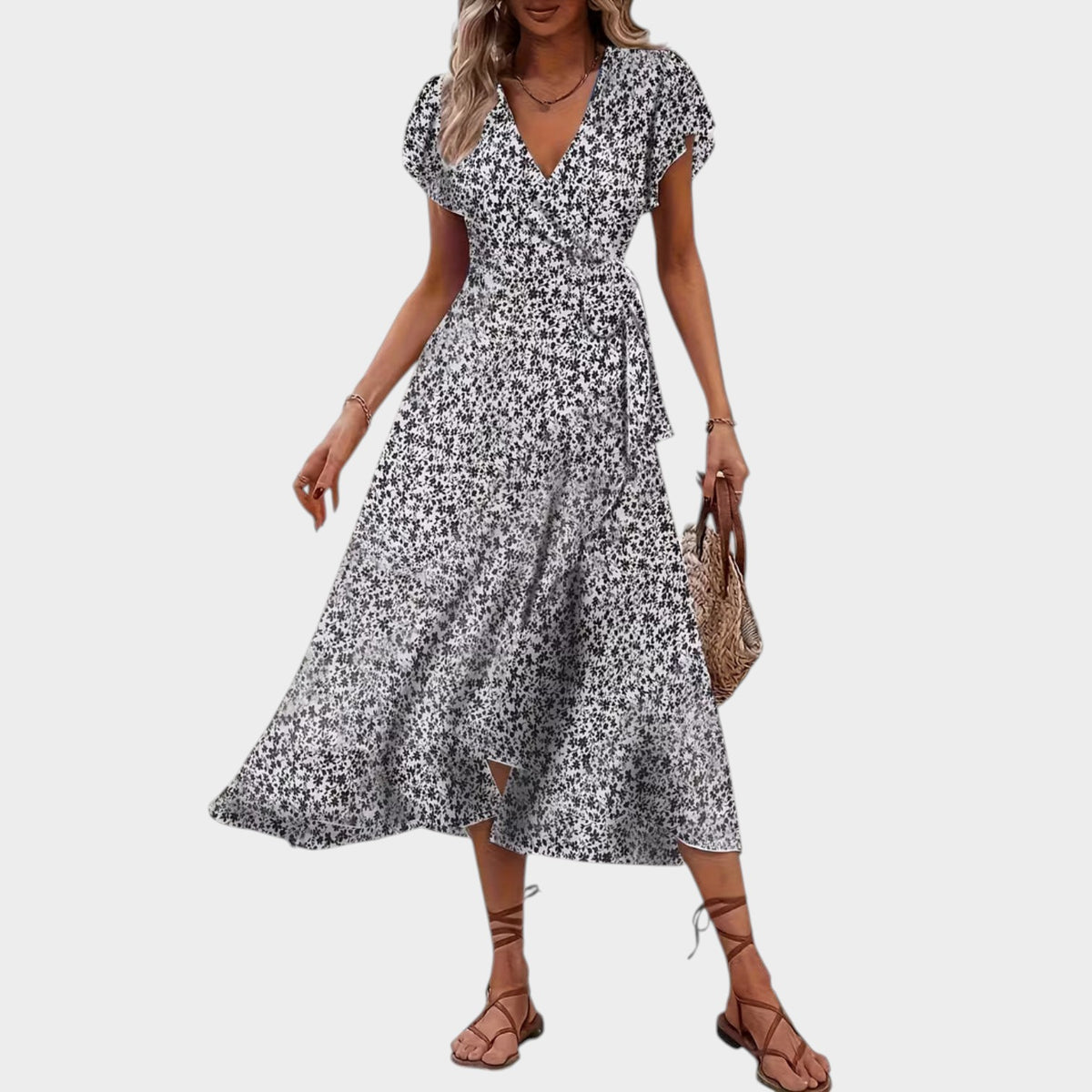 Women’s Floral Wrap Midi Dress with V-Neckline Short Sleeves