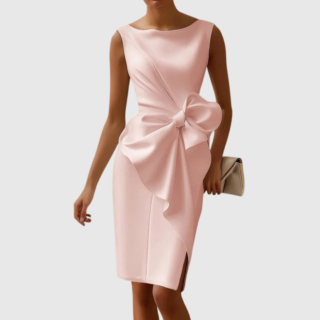Eloise | Women's Sleeveless Midi Dress with Boat Neck and Bow Accent
