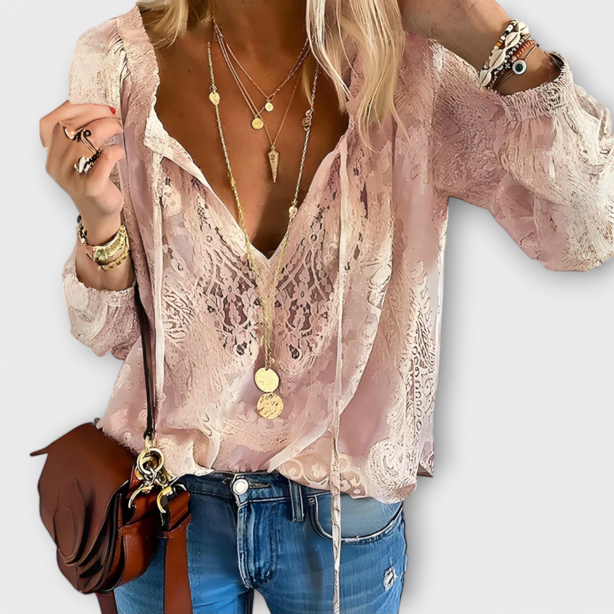 Zeleste | Boho Long Sleeve Blouse with Lace V-Neck for Women