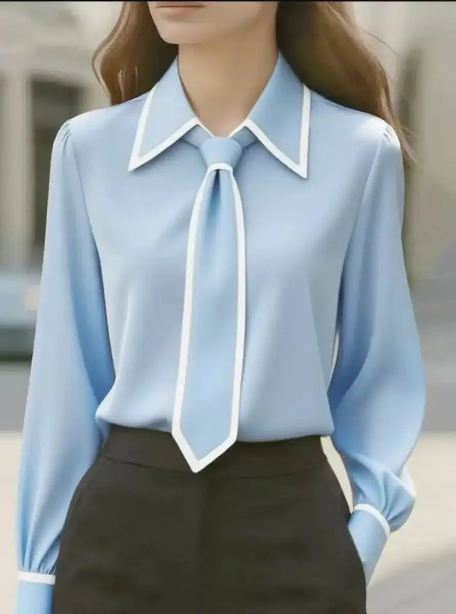 Vivian | Women's Long Sleeve Blouse with Tie Neck and Contrast Collar