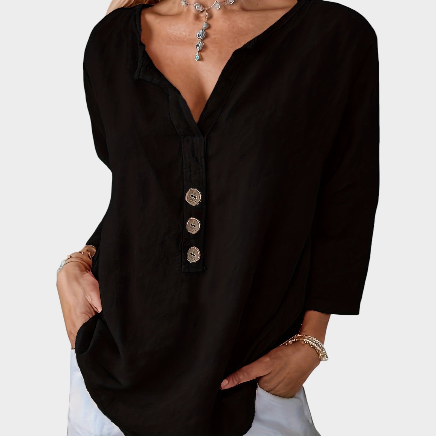 Button Up V-Neck Blouse