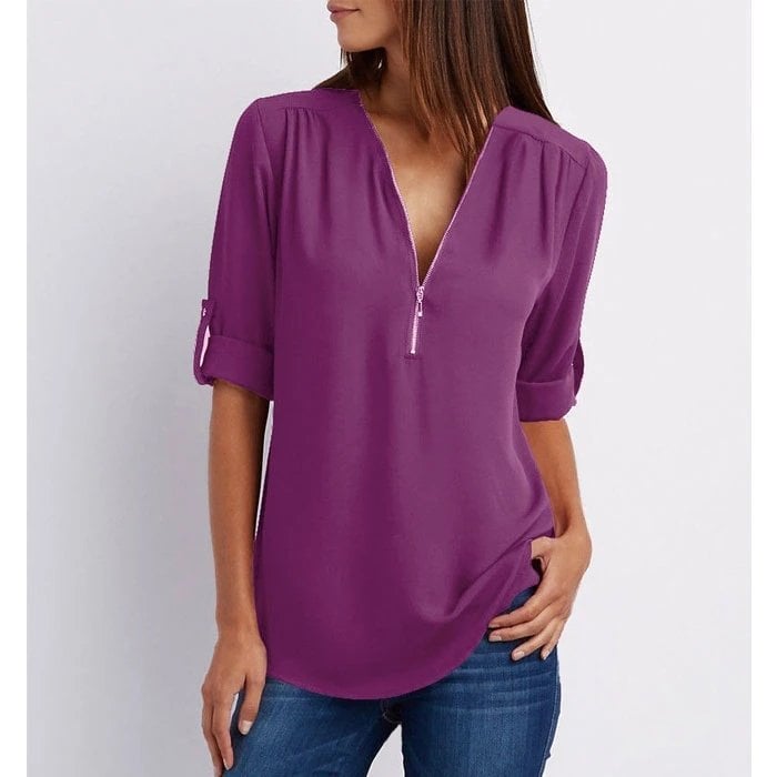 Rosé | Women's Casual Half Sleeve V-Neck Zip-Up Blouse