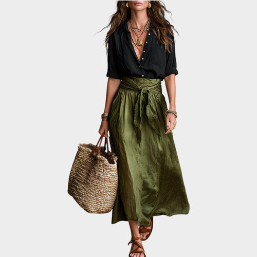 Linen Boho Two Piece Set Button Shirt & Maxi Skirt