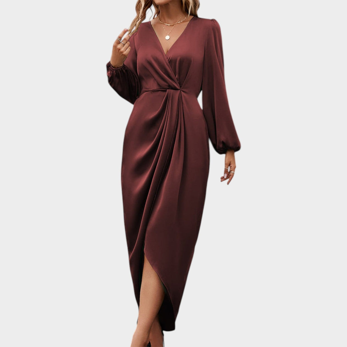 Women's Satin Midi Dress Wrap Long Sleeve