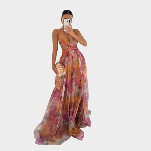 Floral Wedding Guest Maxi Dress with Cross Wrap Bodice
