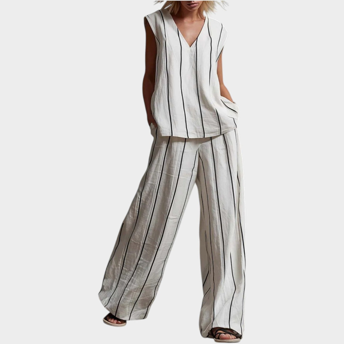 Women's Matching Set Linen Striped Two Piece