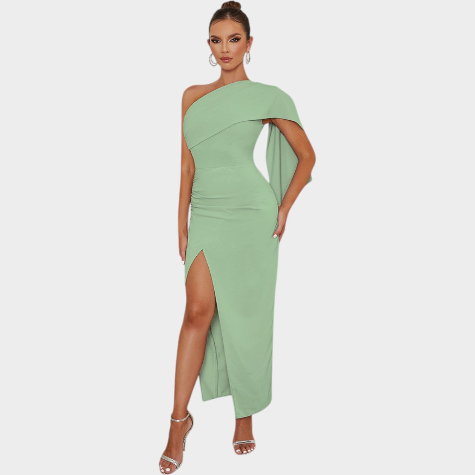 Draped One Shoulder Midi Wedding Guest Dress