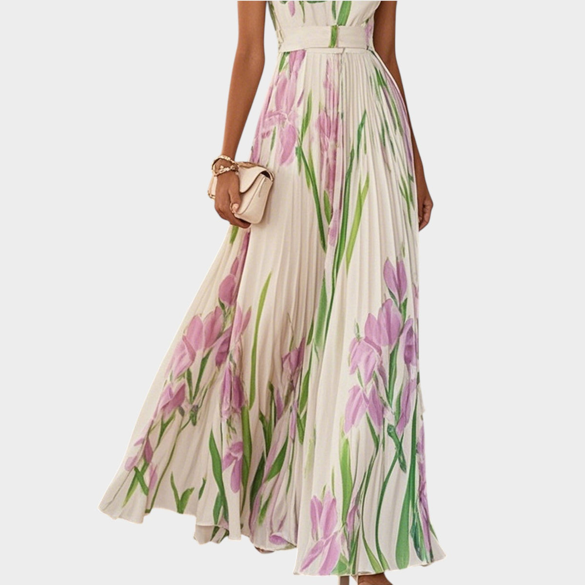 Women’s Pleated Maxi Dress Floral Print Square Neck Sleeveless