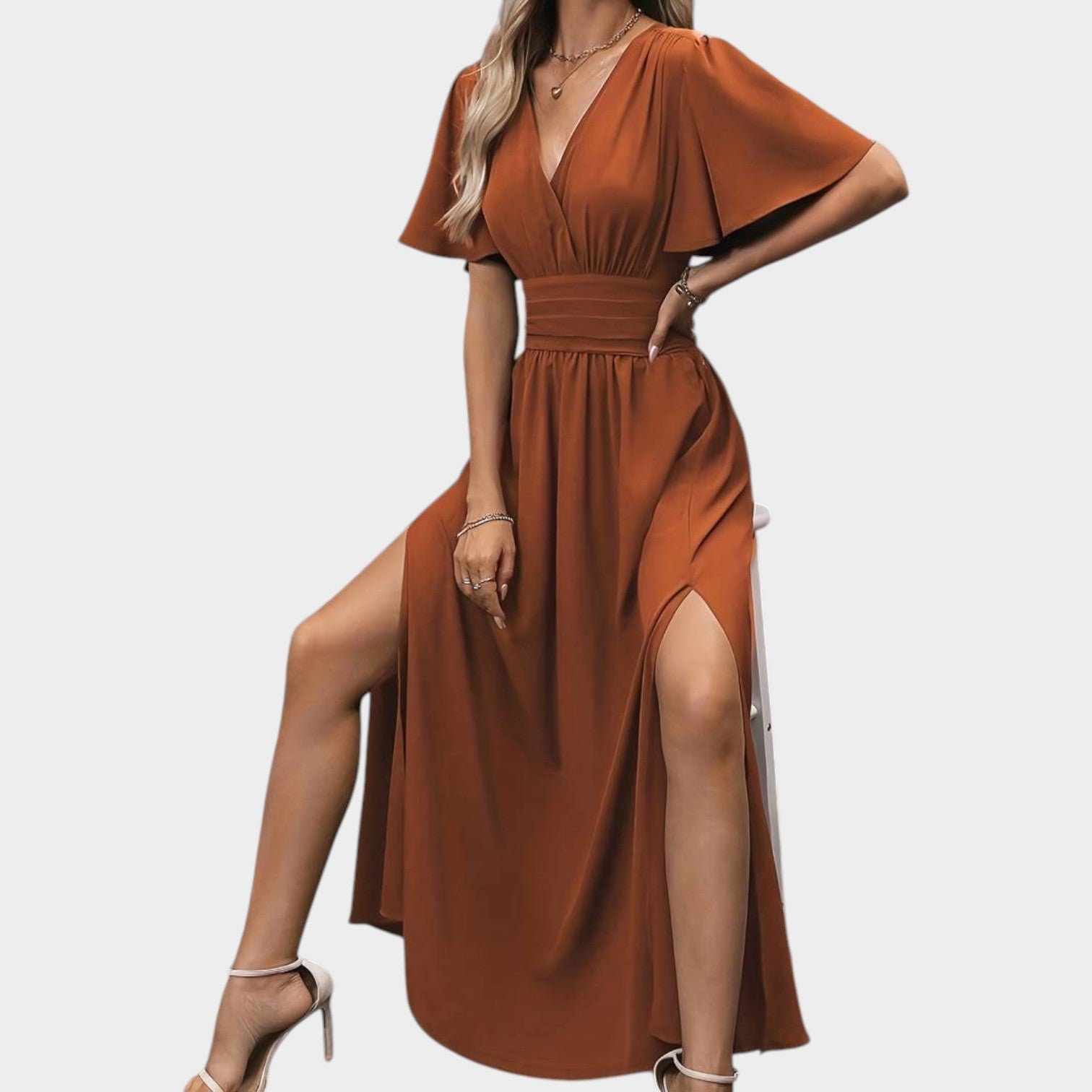 Formal V-Neck Flutter Sleeve Split Maxi Dress
