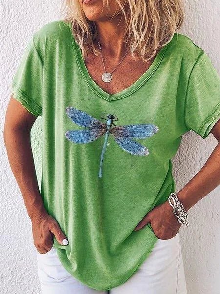 Luna | Women's Casual V-Neck Tee with Dragonfly Print and Short Sleeves