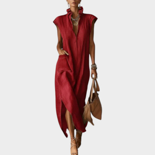 Women's Ruffled Collar Midi Dress Cap Sleeves V Neck
