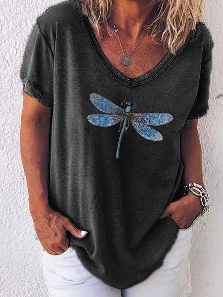 Luna | Women's Casual V-Neck Tee with Dragonfly Print - Short Sleeve