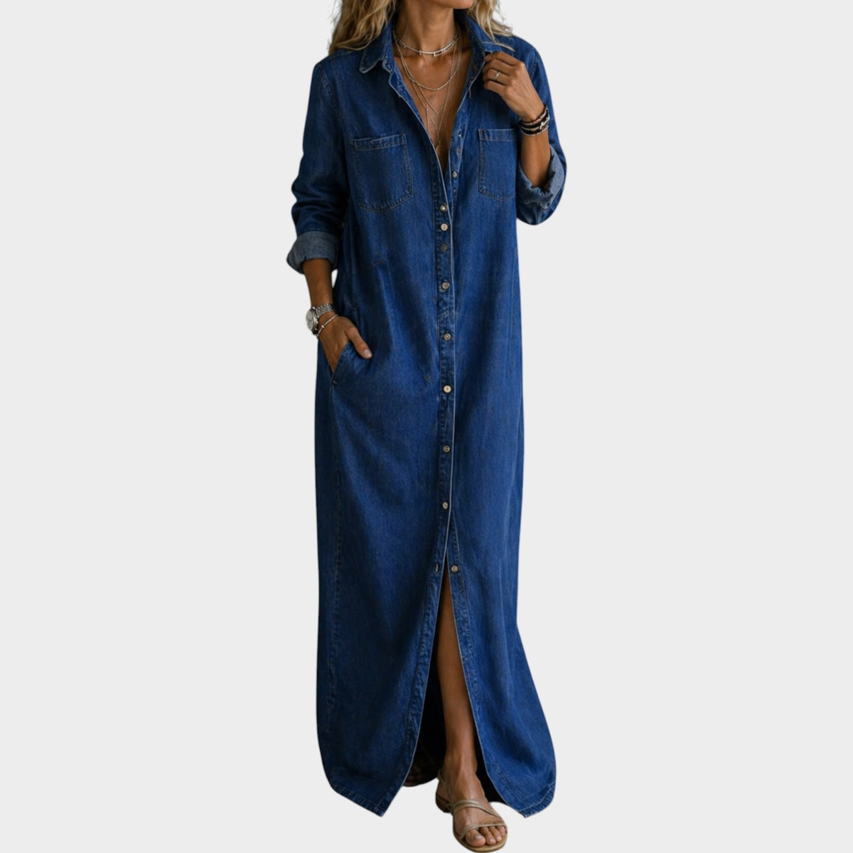 Women's Denim Maxi Dress Button Down Collared