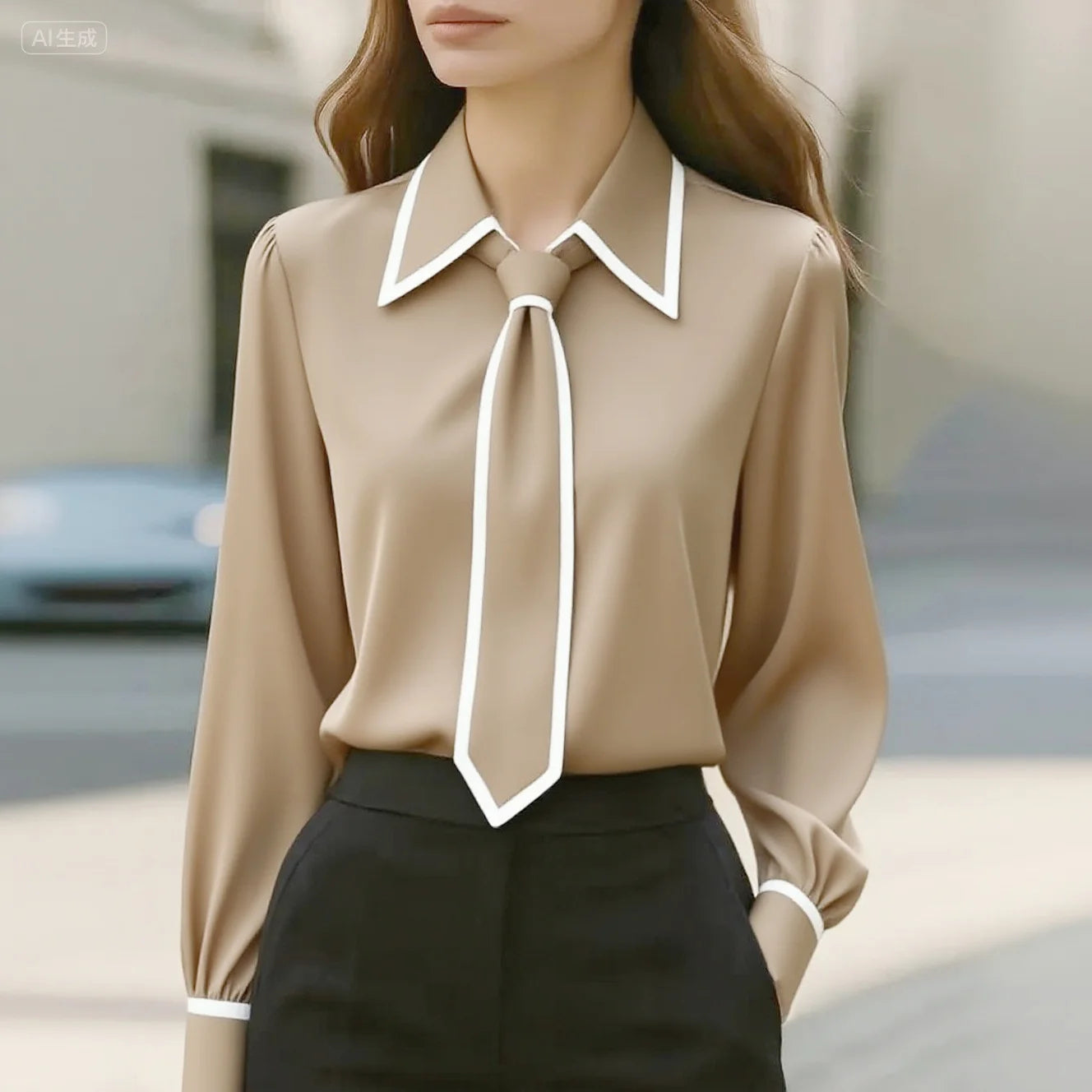 Vivian | Women's Long Sleeve Blouse with Tie Neck and Contrast Collar