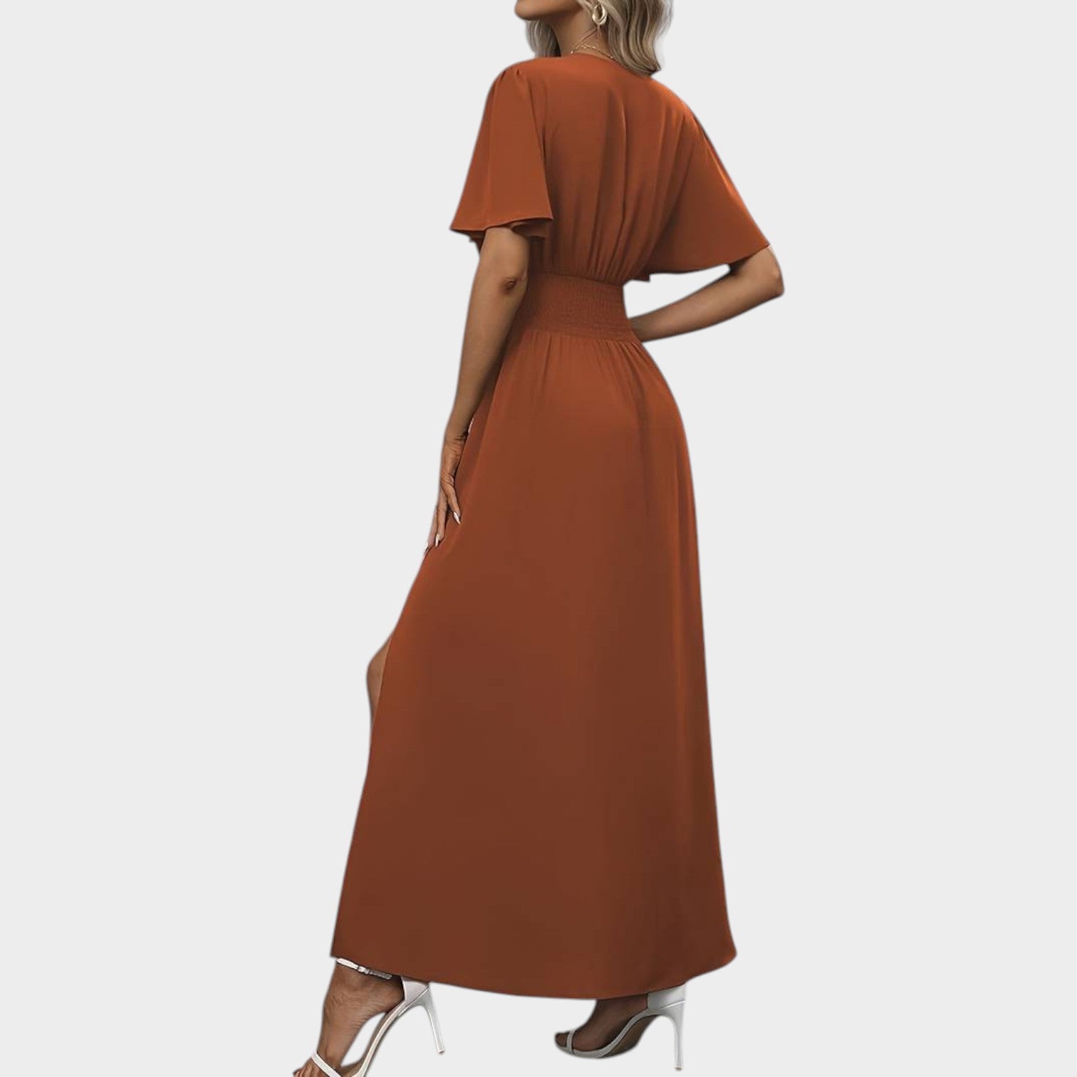 Formal V-Neck Flutter Sleeve Split Maxi Dress
