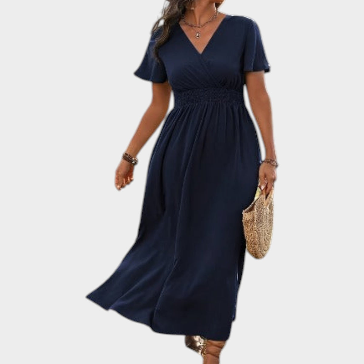 Women’s Wrap Midi Dress V-Neck Short Sleeves Ruched Waist