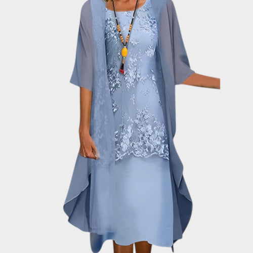 Lace Overlay Wedding Guest Midi Dress with Chiffon Jacket