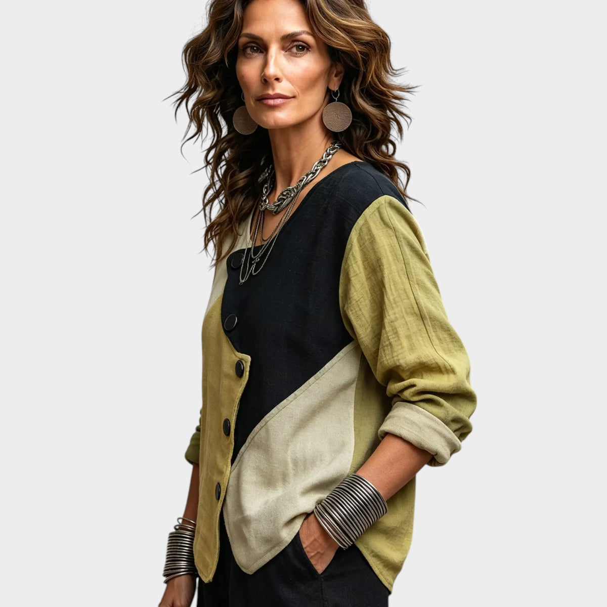 Women’s Asymmetric Colourblock Top with Diagonal Button Front