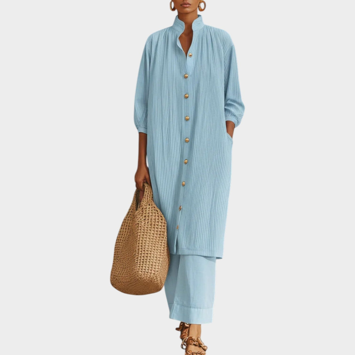 Women's Matching Set Linen Button‑Down and Wide‑Leg Pants Set