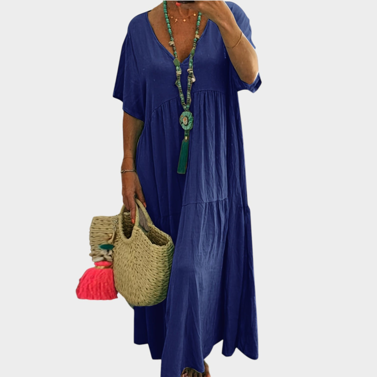 Women’s Tiered Maxi Dress with V-Neck and Short Sleeves