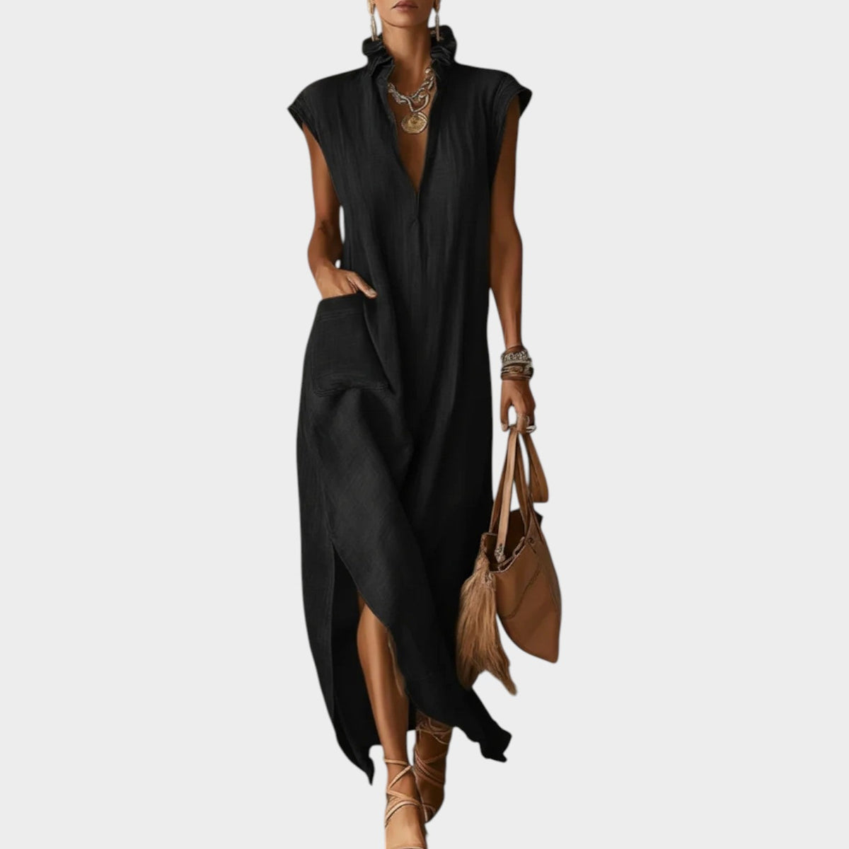 Women's Ruffled Collar Midi Dress Cap Sleeves V Neck