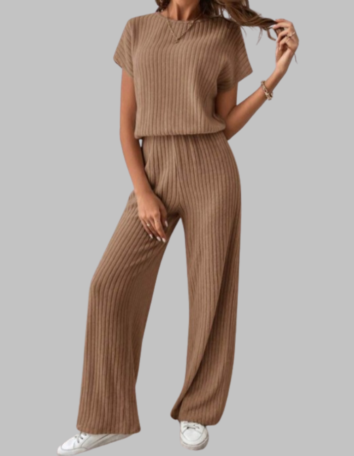 Nora | Women's Ribbed Two-Piece Set: Short Sleeve Top & Wide Leg Pants