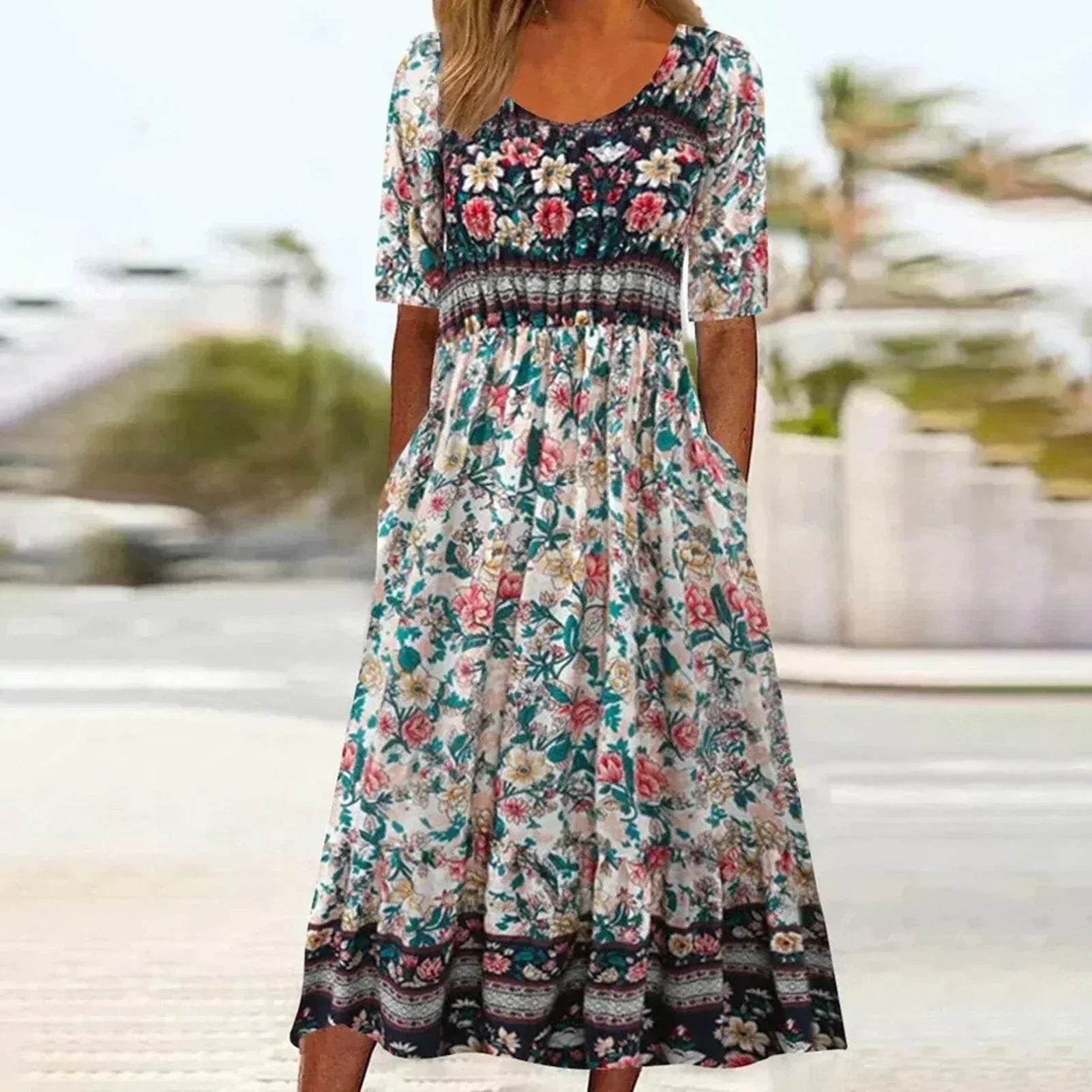 Janine™ Bohemian Print Dress with Round Neck