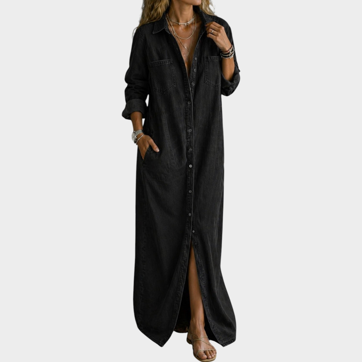 Women's Denim Maxi Dress Button Down Collared