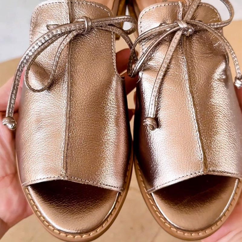 Stella | Women's Flat Metallic Open-Toe Sandals with Bow Tie Strap