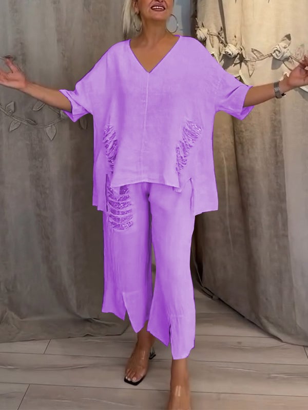 Pearl | Women's Casual V-Neck Top and Cropped Pants 2-Piece Set