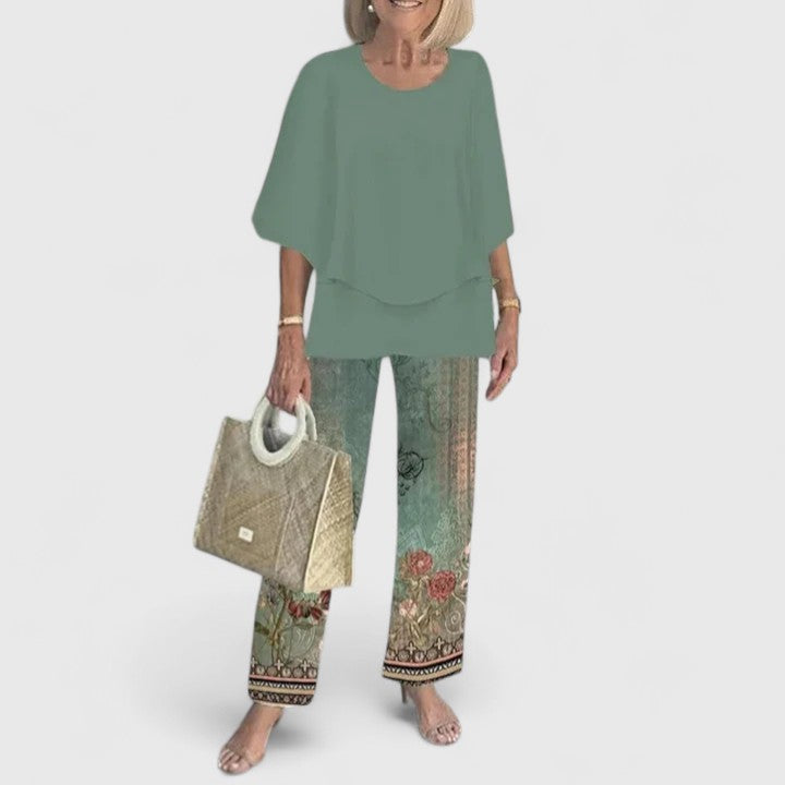 Fern | Women's Floral Print Casual Top and Wide-Leg Pants Ensemble
