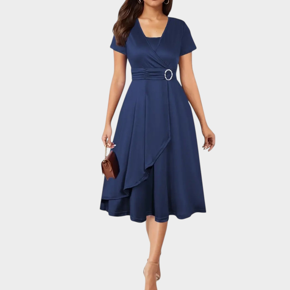 Women’s Wrap Midi Dress with Short Sleeves and Rhinestone Waist Detail