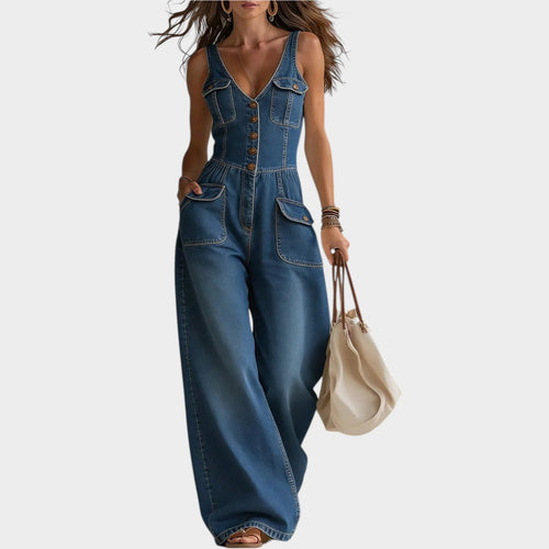 Women's Denim Wide Leg Button-Up Jumpsuit