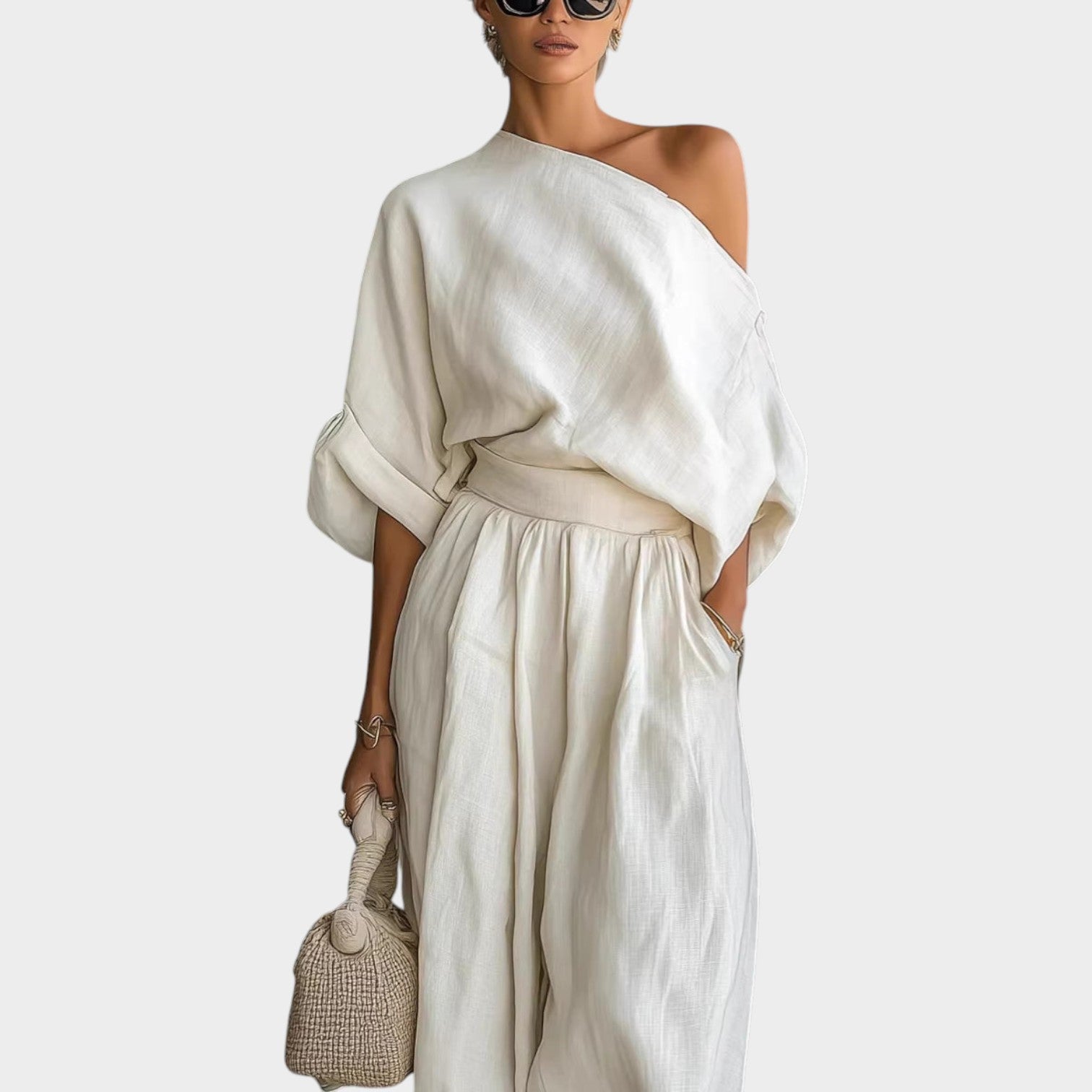 Chic One-Shoulder Linen Two-Piece Set