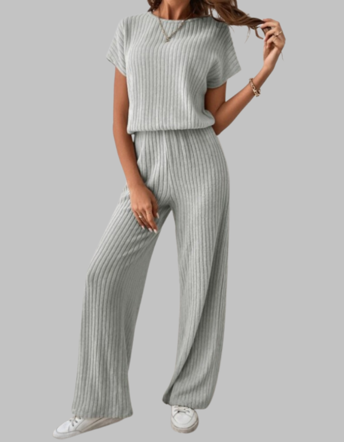 Nora | Women's Ribbed Two-Piece Set: Short Sleeve Top & Wide Leg Pants