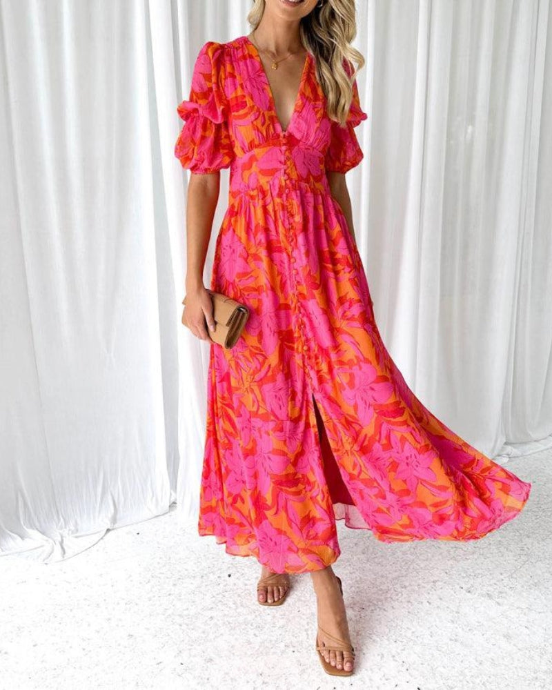 Brittany™ | Chic Red Pink Maxi Dress