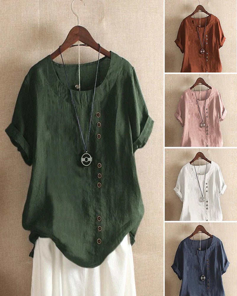 Linen Women's Casual Short Sleeve Top with Button Front and Crew Neck