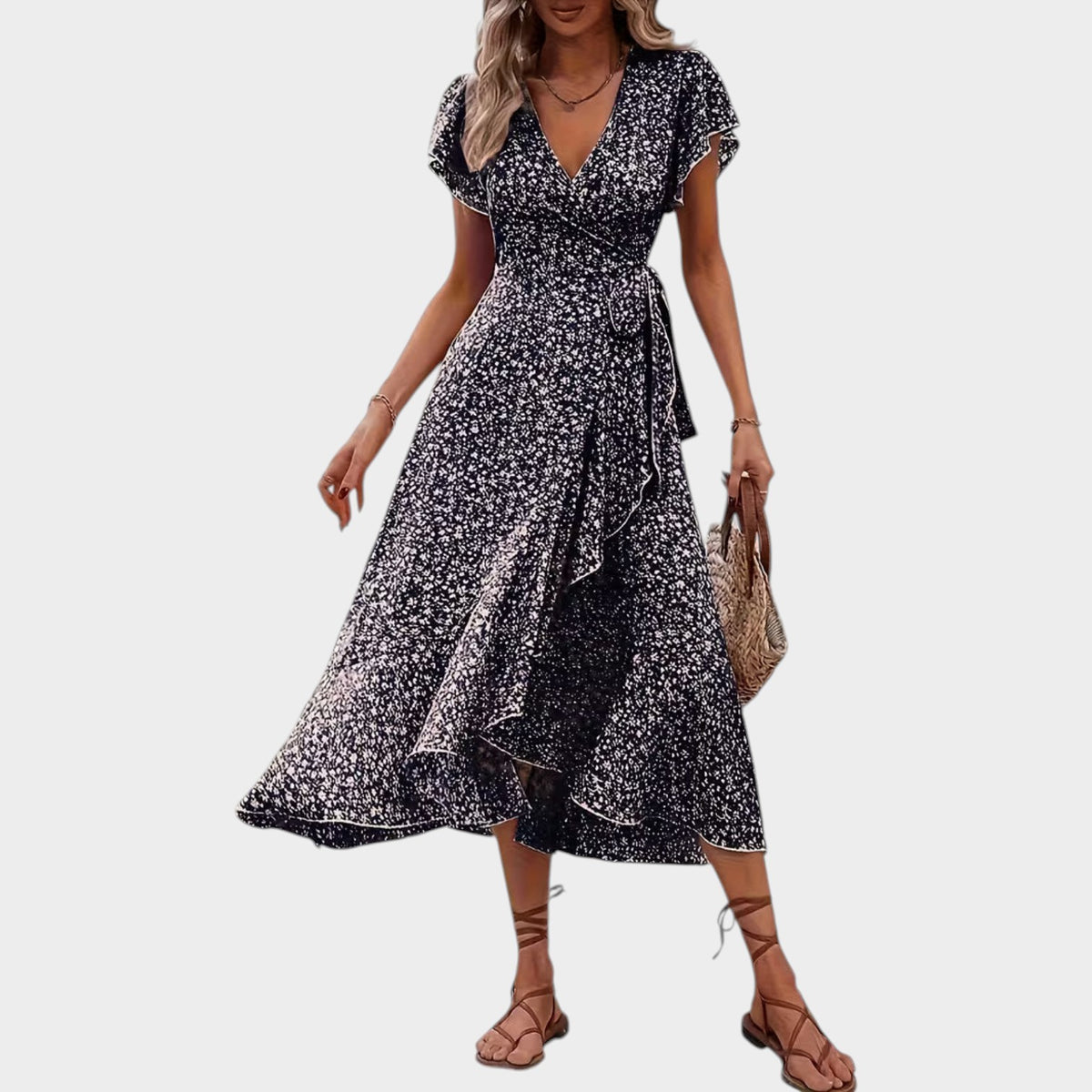 Women’s Floral Wrap Midi Dress with V-Neckline Short Sleeves