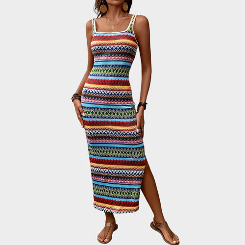 Women’s Striped Midi Dress with Square Neck and Side Slit