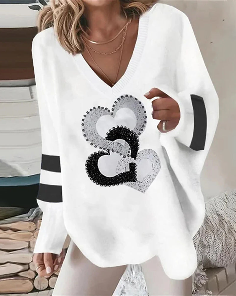 Lolita | Women's Sequin Heart Print Oversized V-Neck Sweater