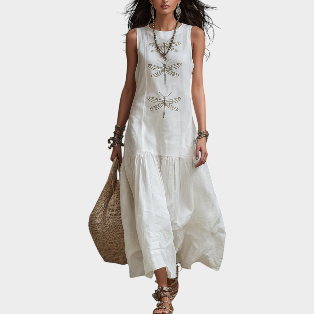 Women's Linen Maxi Dress Sleeveless Dragonflies Print