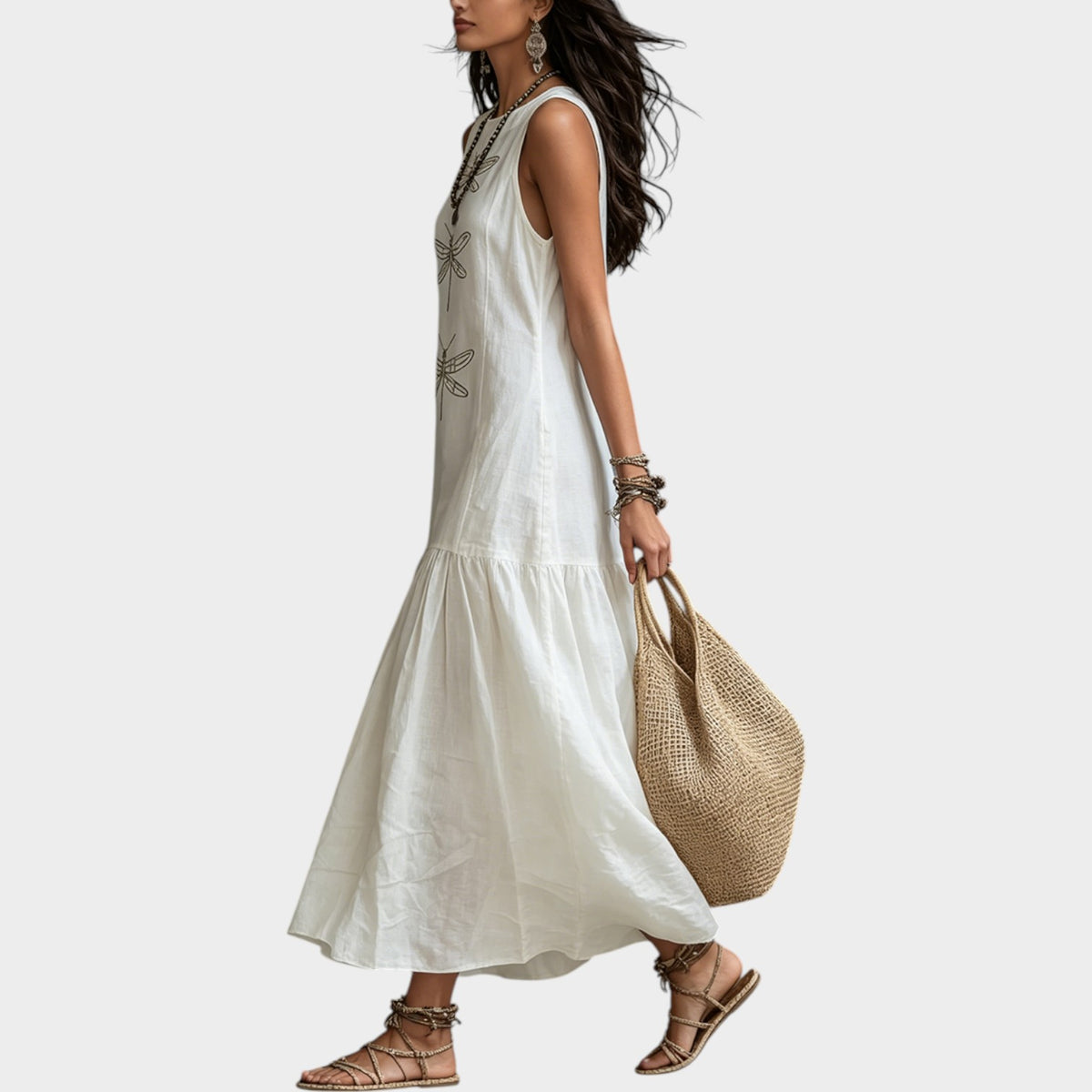 Women's Linen Maxi Dress Sleeveless Dragonflies Print