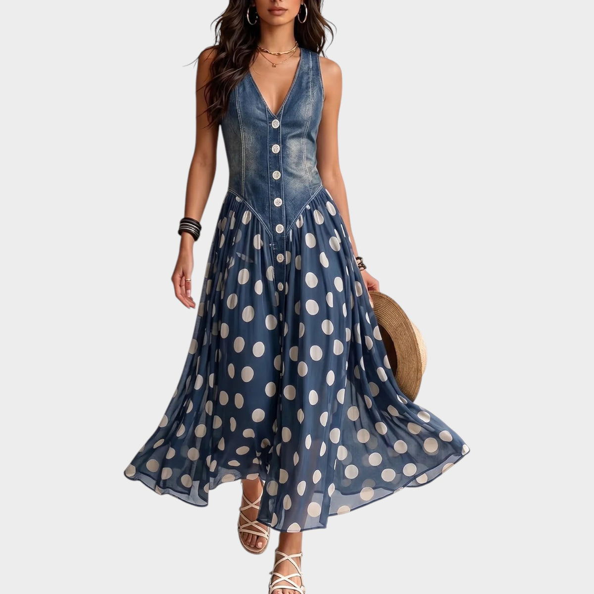 Women's Denim Maxi Dress with Polka Dot Print