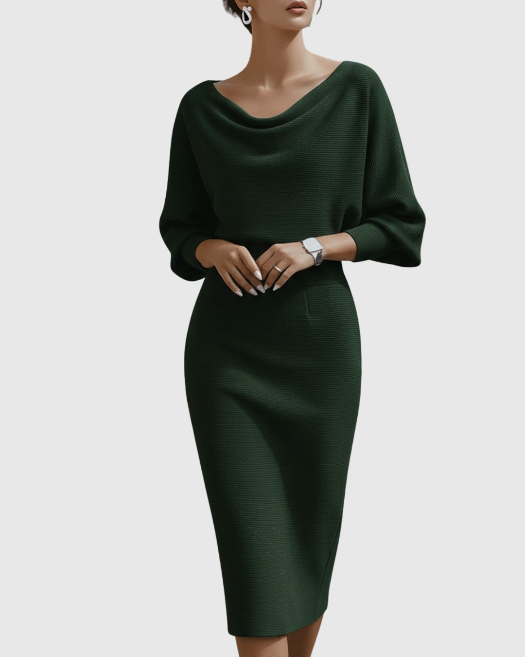 Vivienne | Women's Ribbed Midi Dress with Cowl Neck and Batwing Sleeves