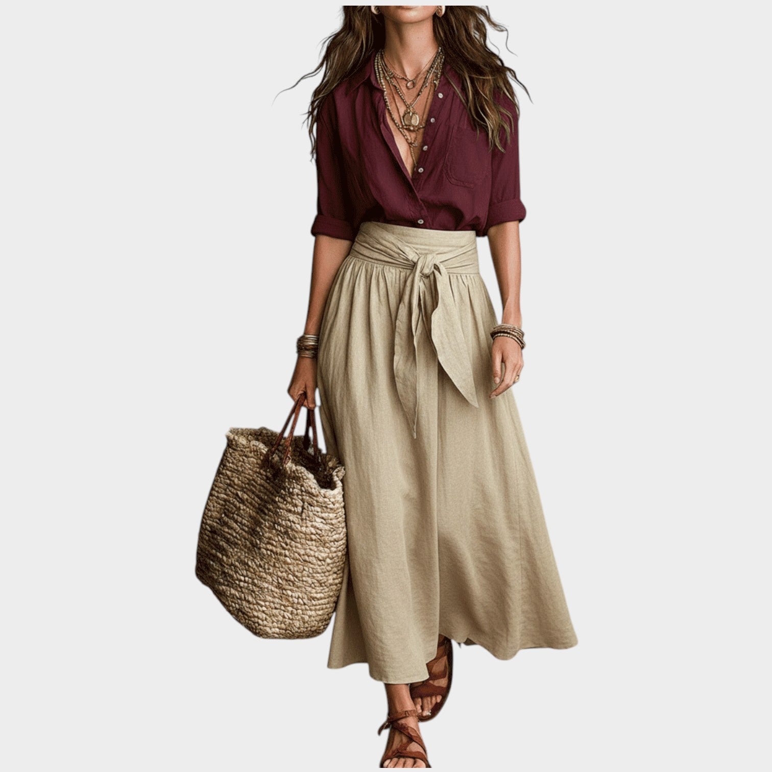 Linen Boho Two Piece Set Button Shirt & Maxi Skirt