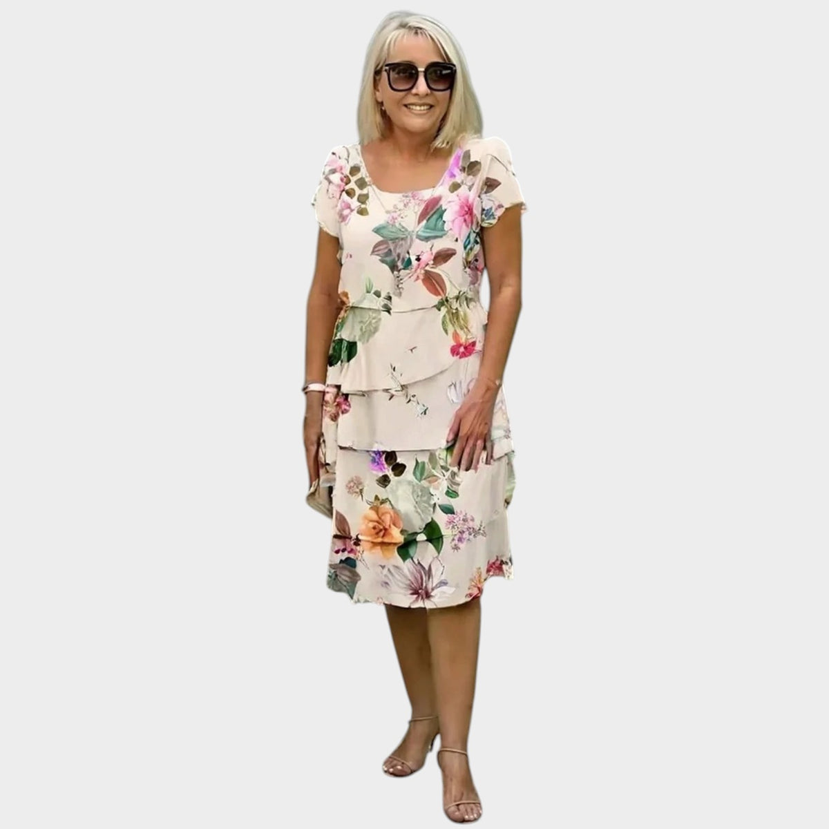Women’s Floral Mini Tiered Dress with Short Sleeves and Layered Skirt