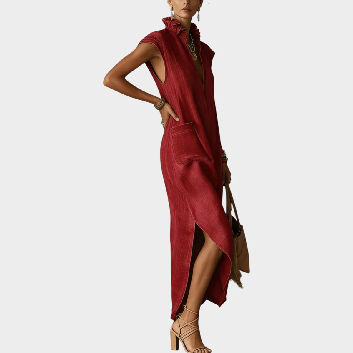 Women's Ruffled Collar Midi Dress Cap Sleeves V Neck