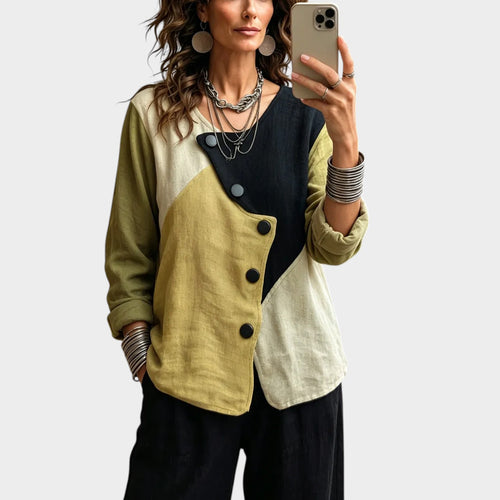 Women’s Asymmetric Colourblock Top with Diagonal Button Front