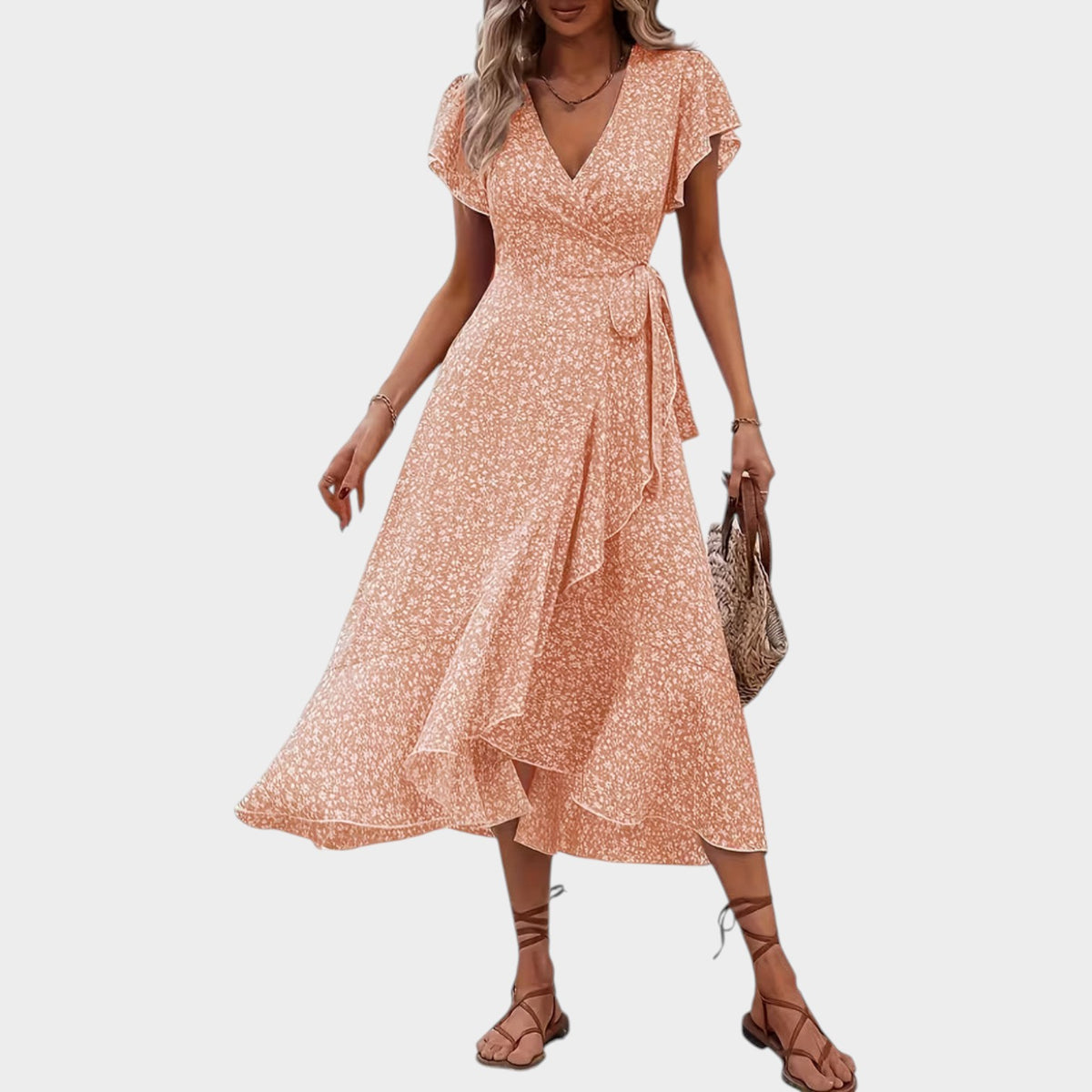 Women’s Floral Wrap Midi Dress with V-Neckline Short Sleeves
